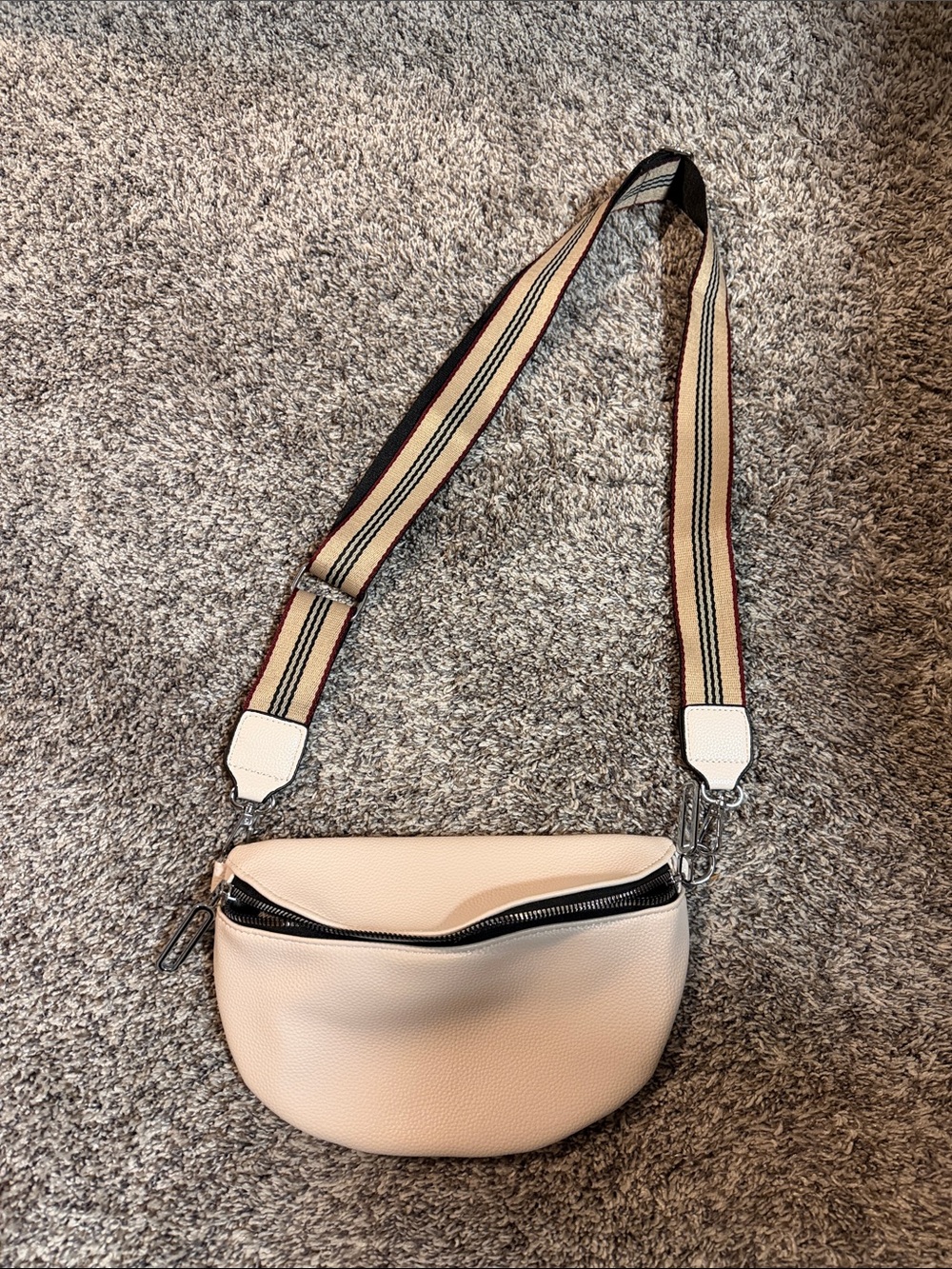 Cream Pebbled Leather Crossbody Bag with Striped Adjustable Strap